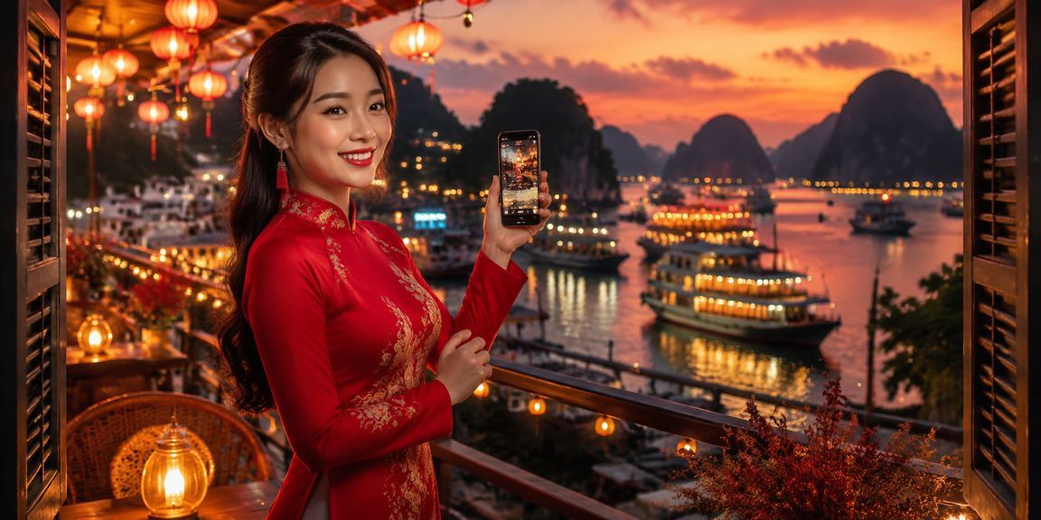 Người phụ nữ mặc áo dài tại vịnh Hạ Long sử dụng điện thoại để chơi casino trực tuyến